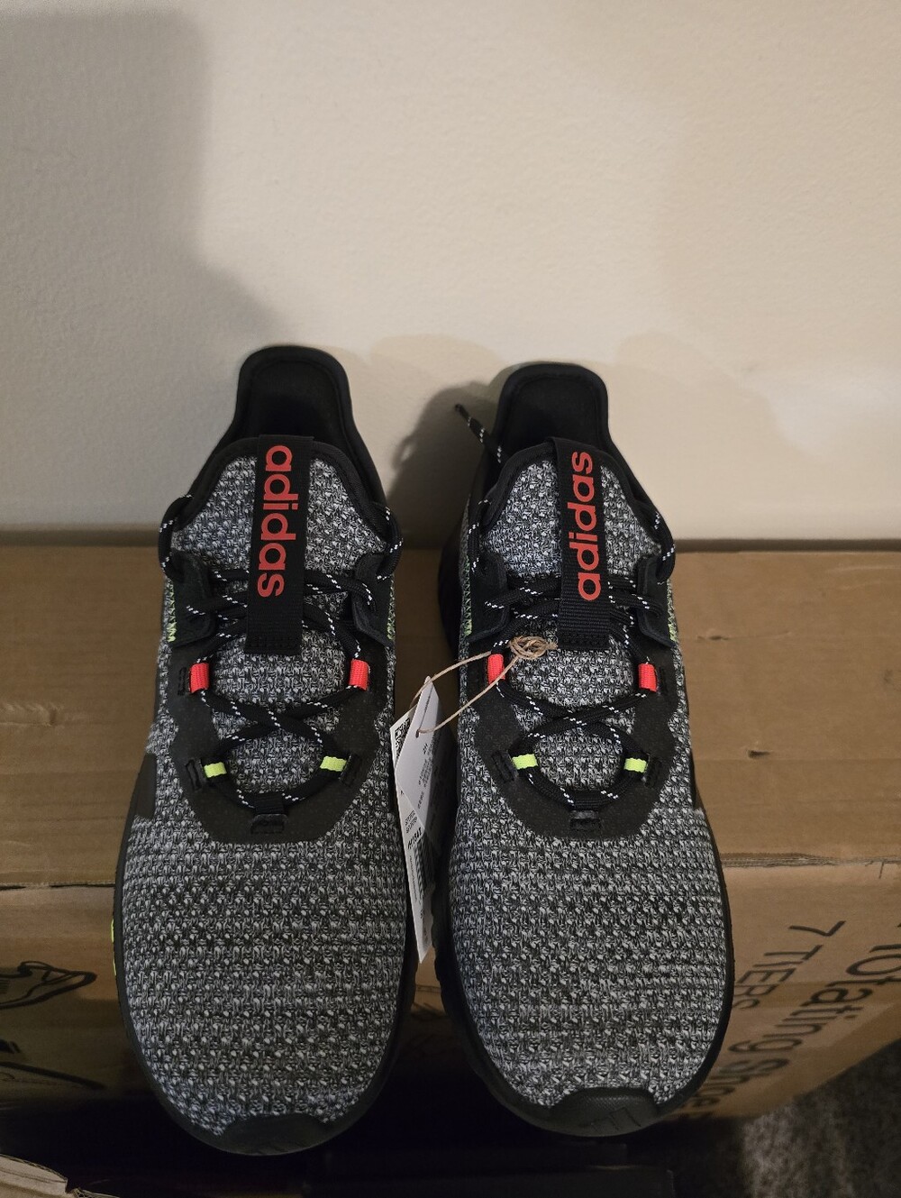 Adidas Women's Black and Gray Knit Sneakers with Red Accents